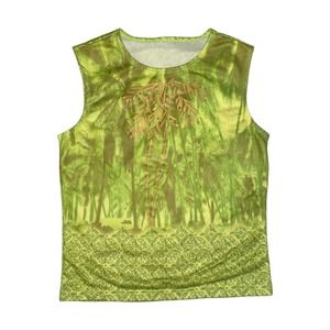 Vintage Sleeveless Green Tank Top Shimmer Sparkle Rhinestones Palm Tree Print